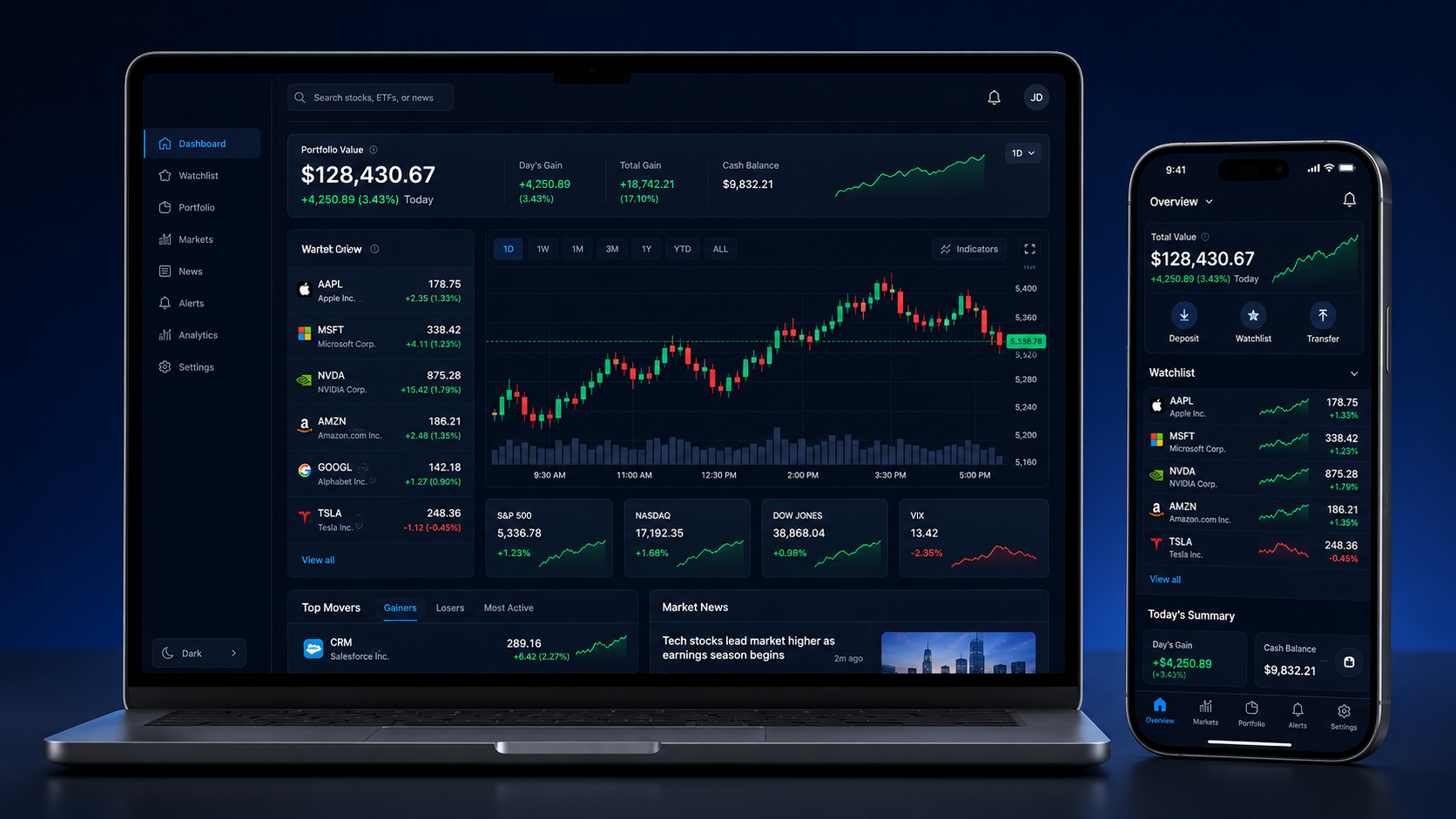 Stock portfolio web and mobile app example showing dashboard, watchlist, real-time charts, alerts, and cross-platform UI for iOS, Android, and web